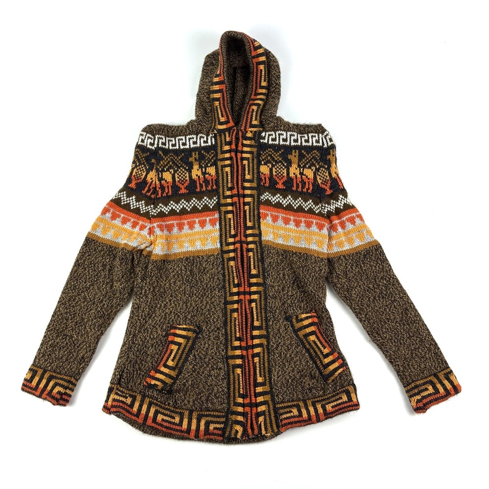 Artesano Couture Zip‎ Up Sweater Hoodie Kids Sz S/M Brown Orange Yellow Alpaca